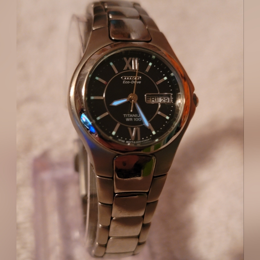 Citizen Women's Eco-Drive‎ WR100 Day Date Titanium Bracelet Watch Solar Works!